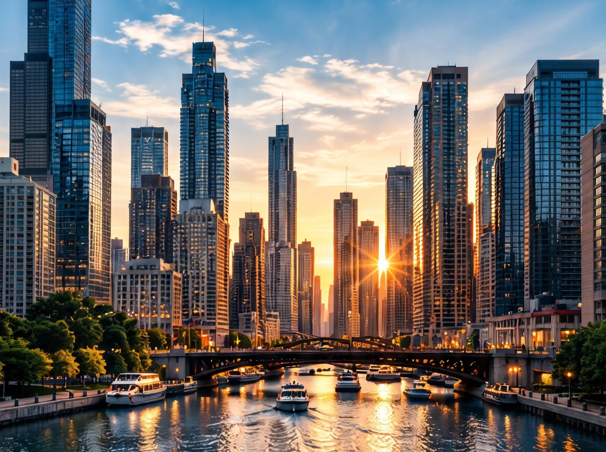 Chicago skyline at sunset